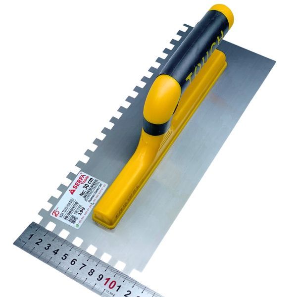 Гладила зубчаста штукатурна 30 см, зуб 8 мм Notched Trowel Open Handle, нержавіюча сталь, жовта (199) 199 фото