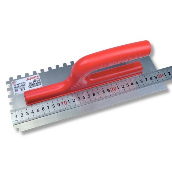 Гладилка зубчаста штукатурна 35 см, зуб 8 мм Notched Trowel, нержавіюча сталь, червона (219) 219 фото